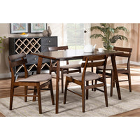Baxton Studio Eleri Mid-Century Modern Transitional Light Beige Fabric Upholstered and Walnut Brown Finished Wood 5-Piece Dining Set