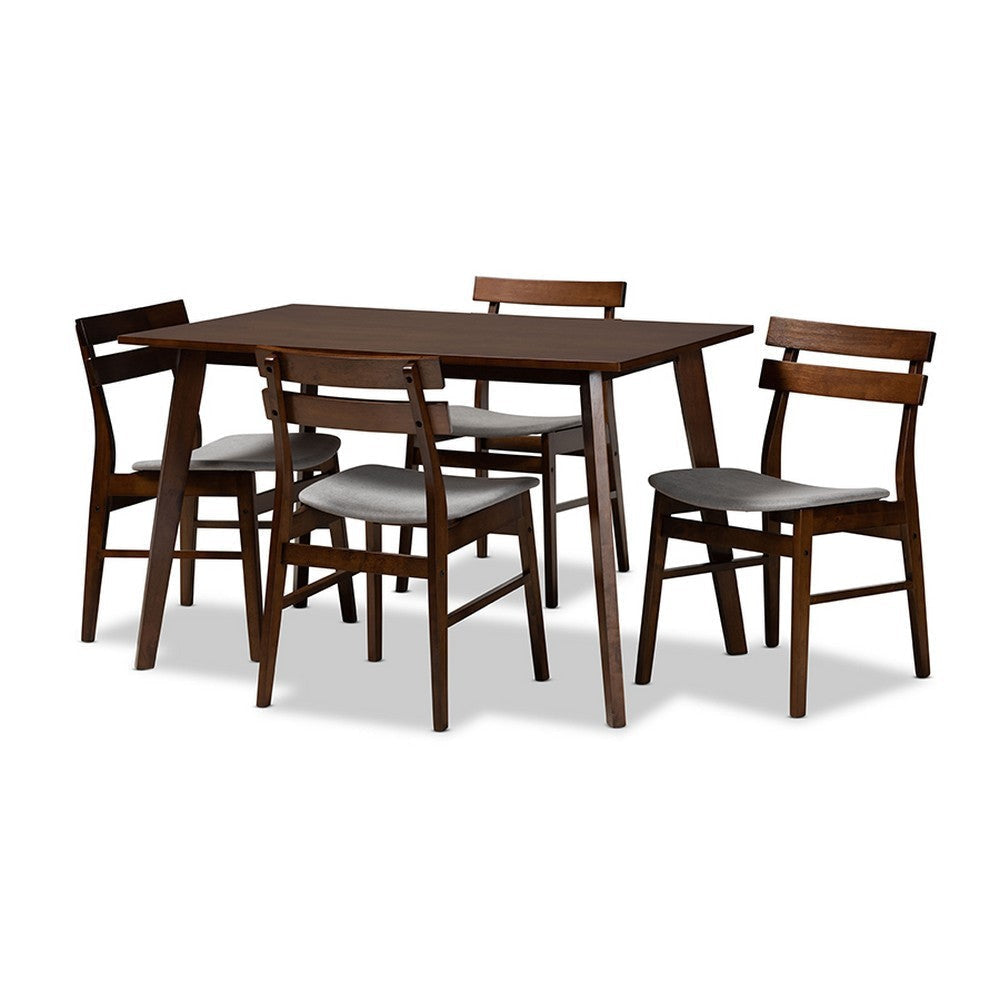 Baxton Studio Eleri Mid-Century Modern Transitional Light Grey Fabric Upholstered and Walnut Brown Finished Wood 5-Piece Dining Set