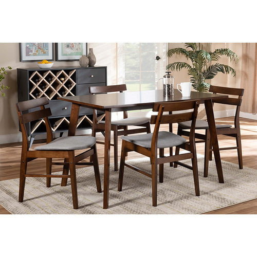 Baxton Studio Eleri Mid-Century Modern Transitional Light Grey Fabric Upholstered and Walnut Brown Finished Wood 5-Piece Dining Set