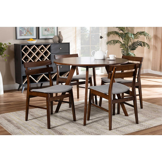 Baxton Studio Eiko Mid-Century Modern Transitional Light Grey Fabric Upholstered and Walnut Brown Finished Wood 5-Piece Dining Set