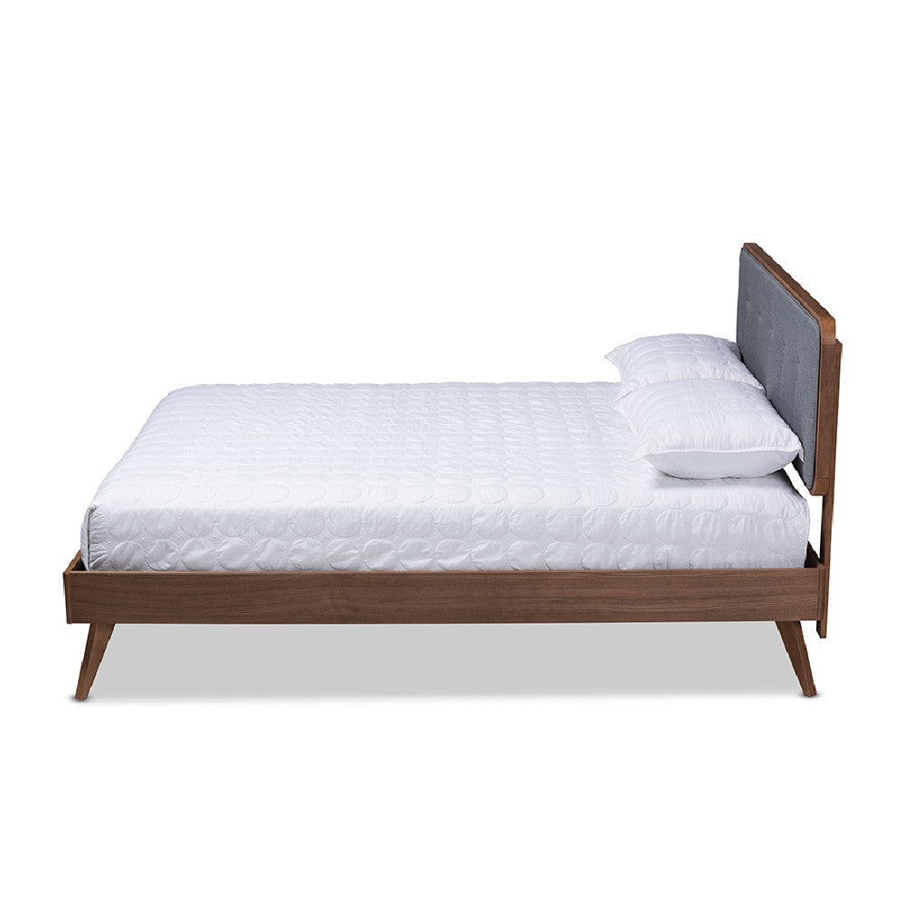 Baxton Studio Dilara Mid-Century Modern Dark Grey Fabric Upholstered Walnut Brown Finished Wood King Size Platform Bed