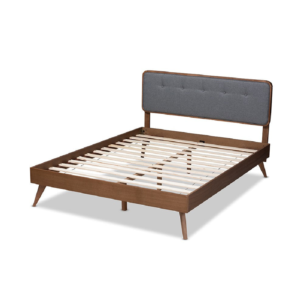 Baxton Studio Dilara Mid-Century Modern Dark Grey Fabric Upholstered Walnut Brown Finished Wood King Size Platform Bed