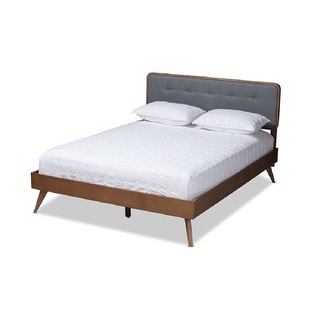 Baxton Studio Dilara Mid-Century Modern Dark Grey Fabric Upholstered Walnut Brown Finished Wood Queen Size Platform Bed