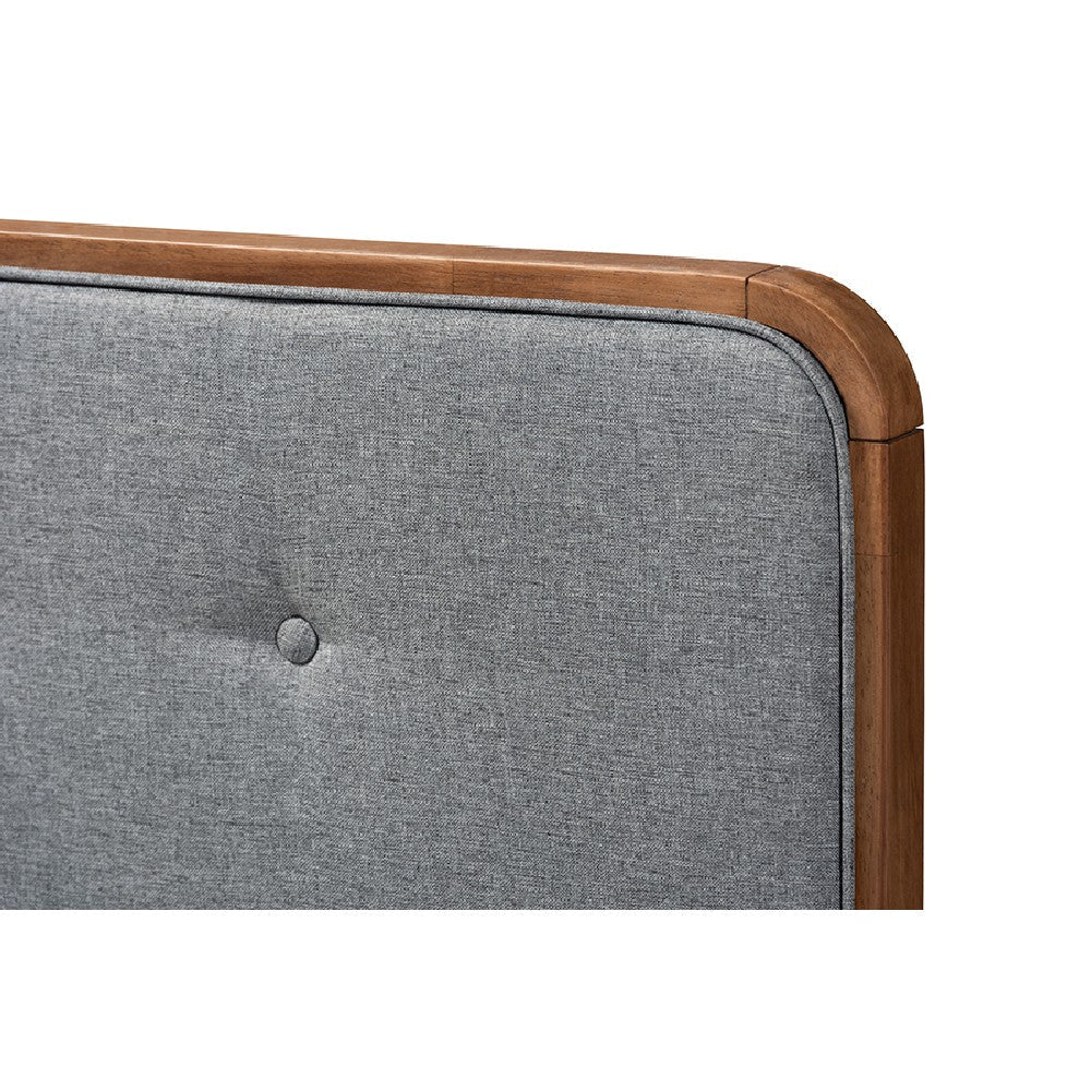 Baxton Studio Dilara Mid-Century Modern Dark Grey Fabric Upholstered Walnut Brown Finished Wood Queen Size Platform Bed