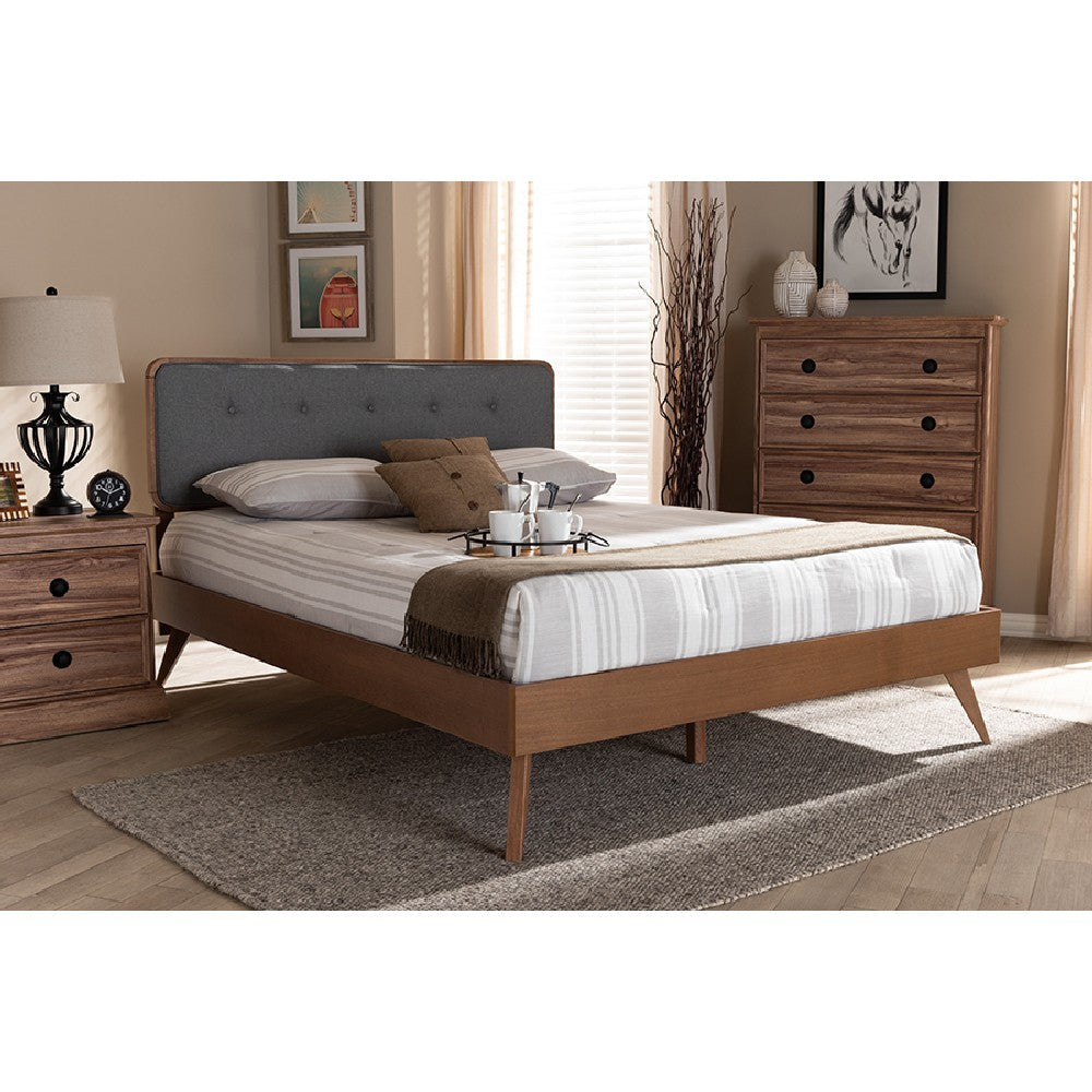Baxton Studio Dilara Mid-Century Modern Dark Grey Fabric Upholstered Walnut Brown Finished Wood Queen Size Platform Bed