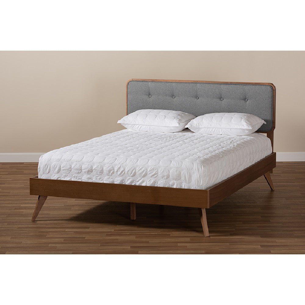 Baxton Studio Dilara Mid-Century Modern Dark Grey Fabric Upholstered Walnut Brown Finished Wood Queen Size Platform Bed