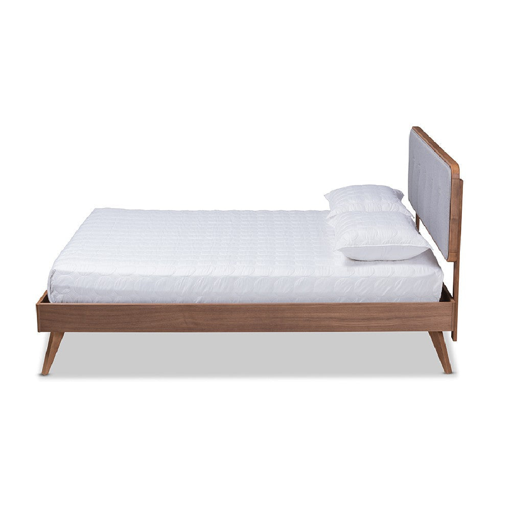 Baxton Studio Dilara Mid-Century Modern Light Grey Fabric Upholstered Walnut Brown Finished Wood King Size Platform Bed
