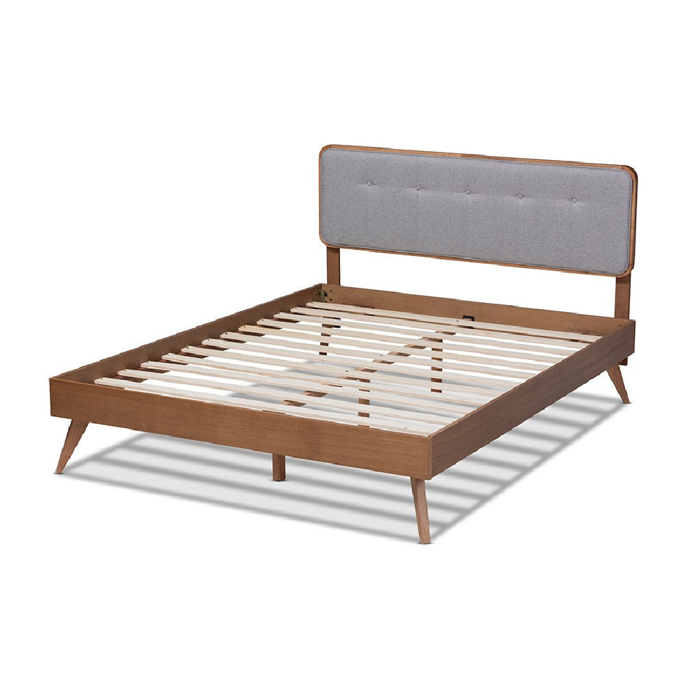 Baxton Studio Dilara Mid-Century Modern Light Grey Fabric Upholstered Walnut Brown Finished Wood King Size Platform Bed
