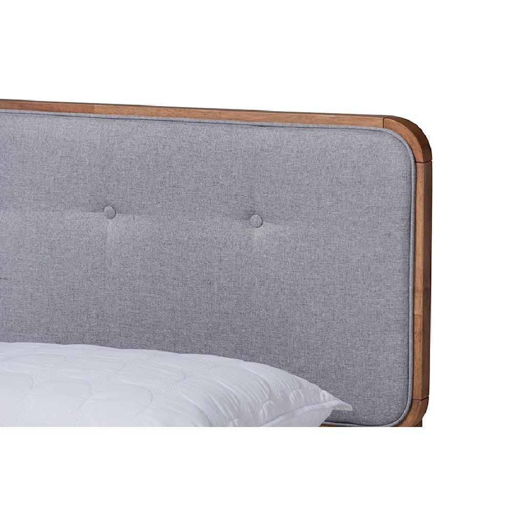 Baxton Studio Dilara Mid-Century Modern Light Grey Fabric Upholstered Walnut Brown Finished Wood King Size Platform Bed