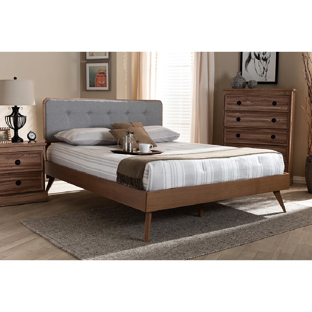 Baxton Studio Dilara Mid-Century Modern Light Grey Fabric Upholstered Walnut Brown Finished Wood King Size Platform Bed