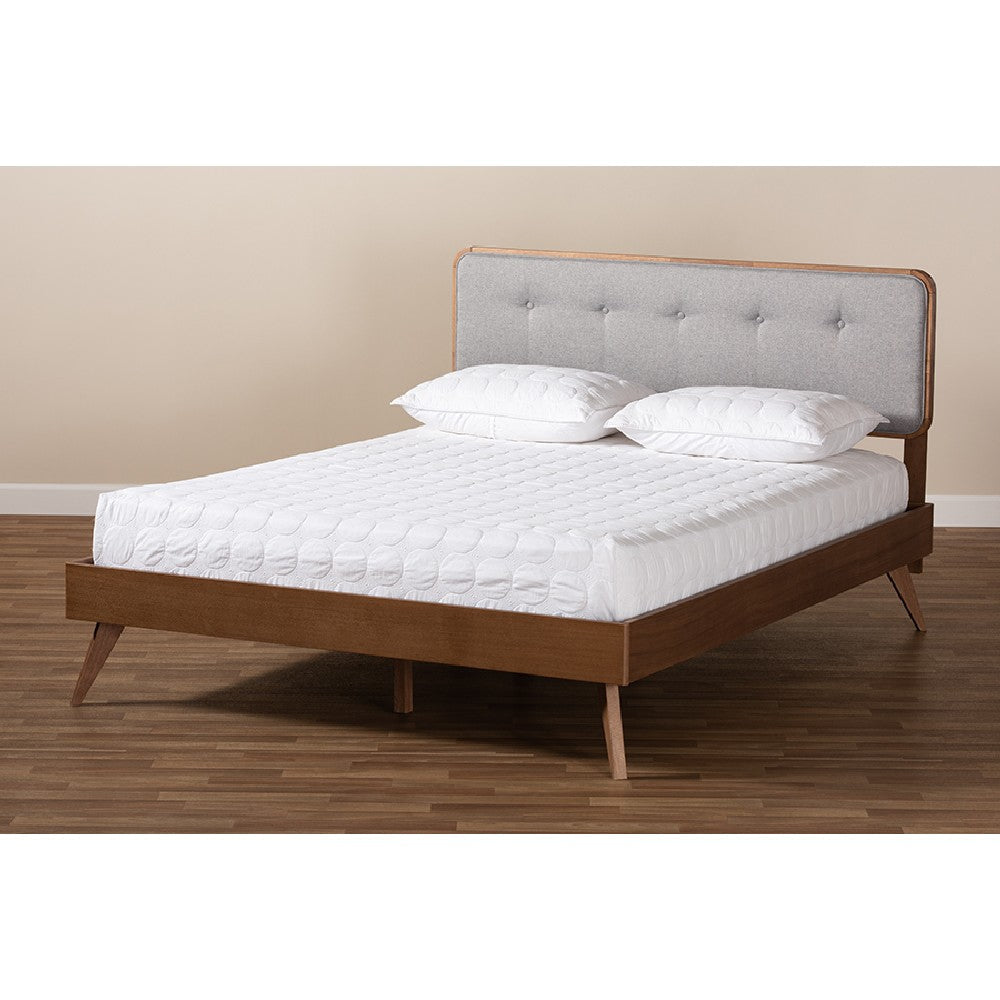 Baxton Studio Dilara Mid-Century Modern Light Grey Fabric Upholstered Walnut Brown Finished Wood King Size Platform Bed