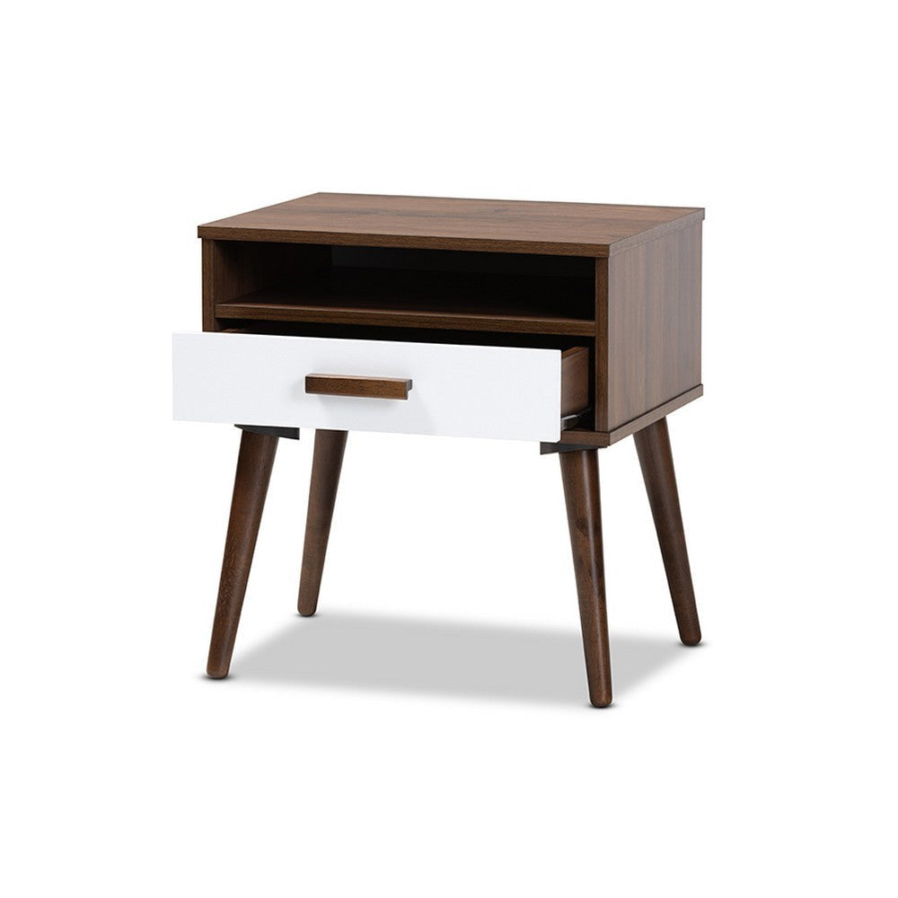 Baxton Studio Quinn Mid-Century Modern Two-Tone White and Walnut Finished 1-Drawer Wood End Table WHI-ET8002-Columbia-Walnut-White-ET