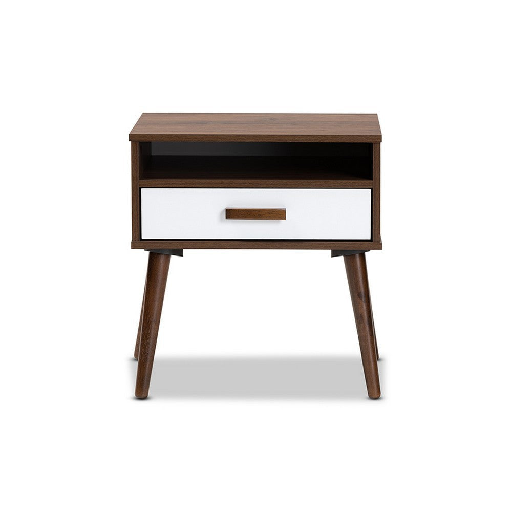 Baxton Studio Quinn Mid-Century Modern Two-Tone White and Walnut Finished 1-Drawer Wood End Table WHI-ET8002-Columbia-Walnut-White-ET
