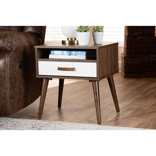 Baxton Studio Quinn Mid-Century Modern Two-Tone White and Walnut Finished 1-Drawer Wood End Table