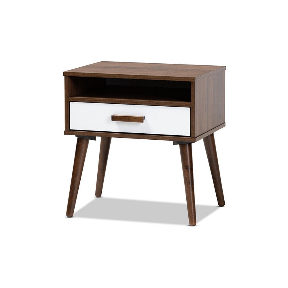 Baxton Studio Quinn Mid-Century Modern Two-Tone White and Walnut Finished 1-Drawer Wood End Table WHI-ET8002-Columbia-Walnut-White-ET