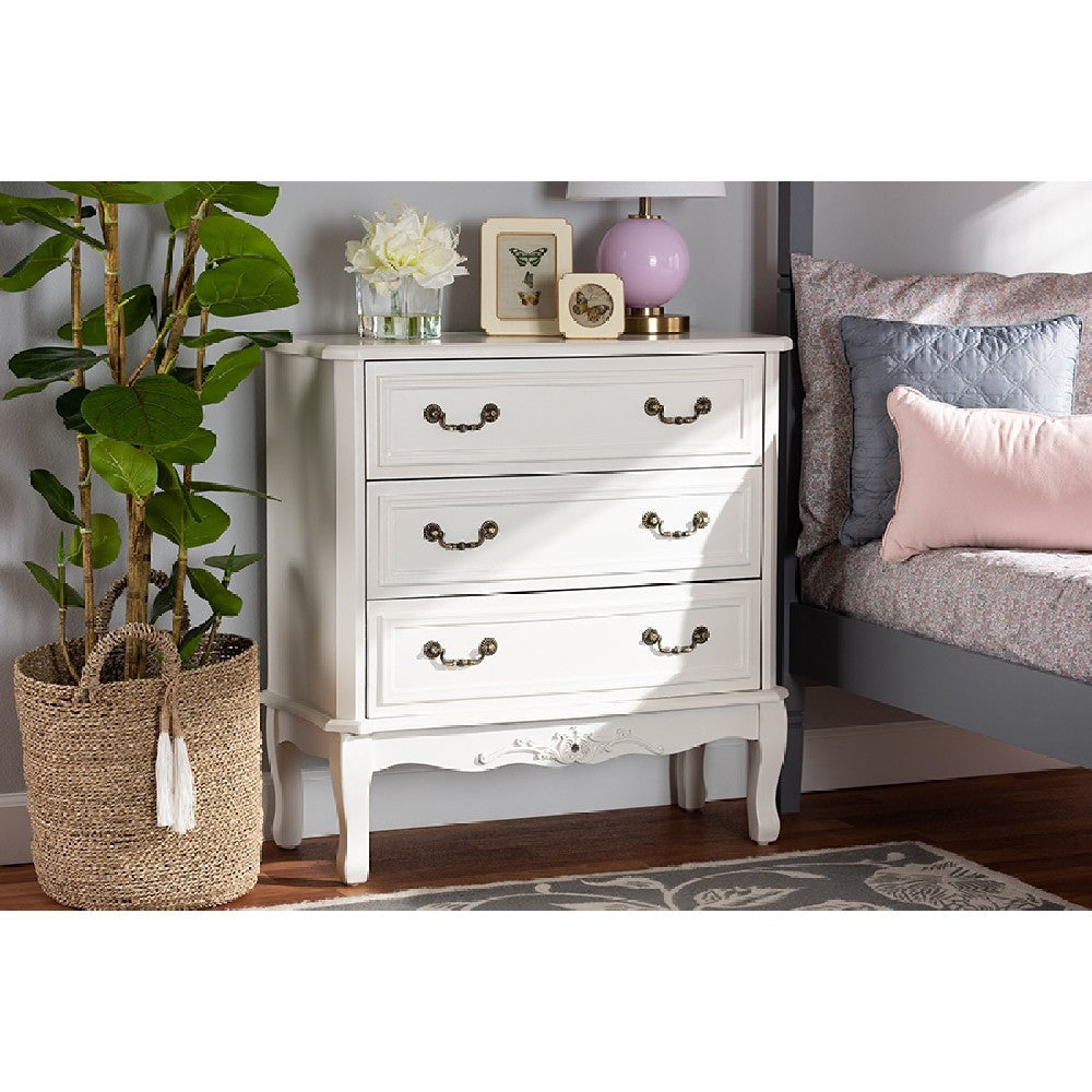 Baxton Studio Gabrielle Traditional French Country Provincial White-Finished 3-Drawer Wood Storage Cabinet WHI-ETASW-08-White-3DW-Cabinet