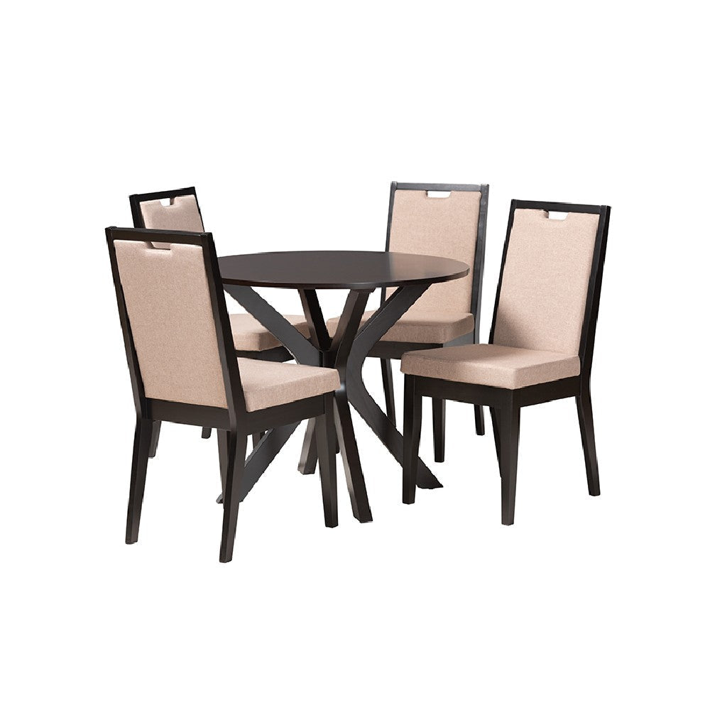 Baxton Studio Eira Modern Sand Fabric and Dark Brown Finished Wood 5-Piece Dining Set WHI-Eira-Sand-Dark-Brown-5PC-Dining-Set