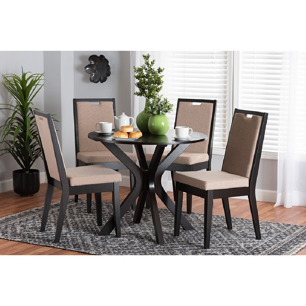Baxton Studio Eira Modern Sand Fabric and Dark Brown Finished Wood 5-Piece Dining Set WHI-Eira-Sand-Dark-Brown-5PC-Dining-Set