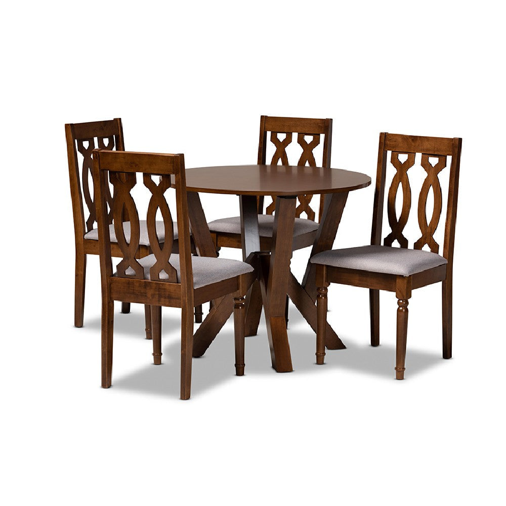 Baxton Studio Elaine Modern and Contemporary Grey Fabric Upholstered and Walnut Brown Finished Wood 5-Piece Dining Set