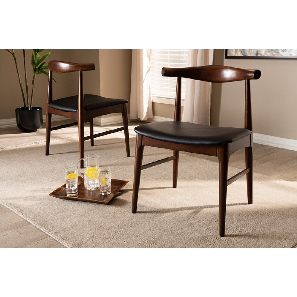 Baxton Studio Eira Mid-Century Modern Black Faux Leather Upholstered Walnut Finished Wood Dining Chair Set of 2 WHI-Elbow-Black-Walnut-DC