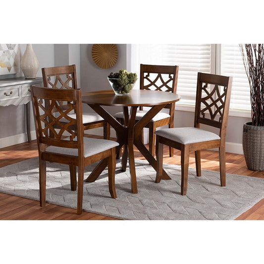 Baxton Studio Elena Modern and Contemporary Grey Fabric Upholstered and Walnut Brown Finished Wood 5-Piece Dining Set