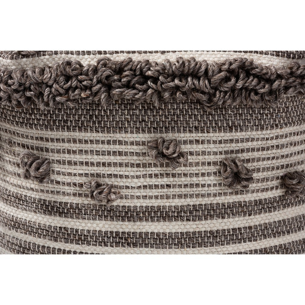 Baxton Studio Eligah Moroccan Inspired Ivory and Brown Handwoven Wool Pouf Ottoman WHI-Eligah-Ivory-Pouf