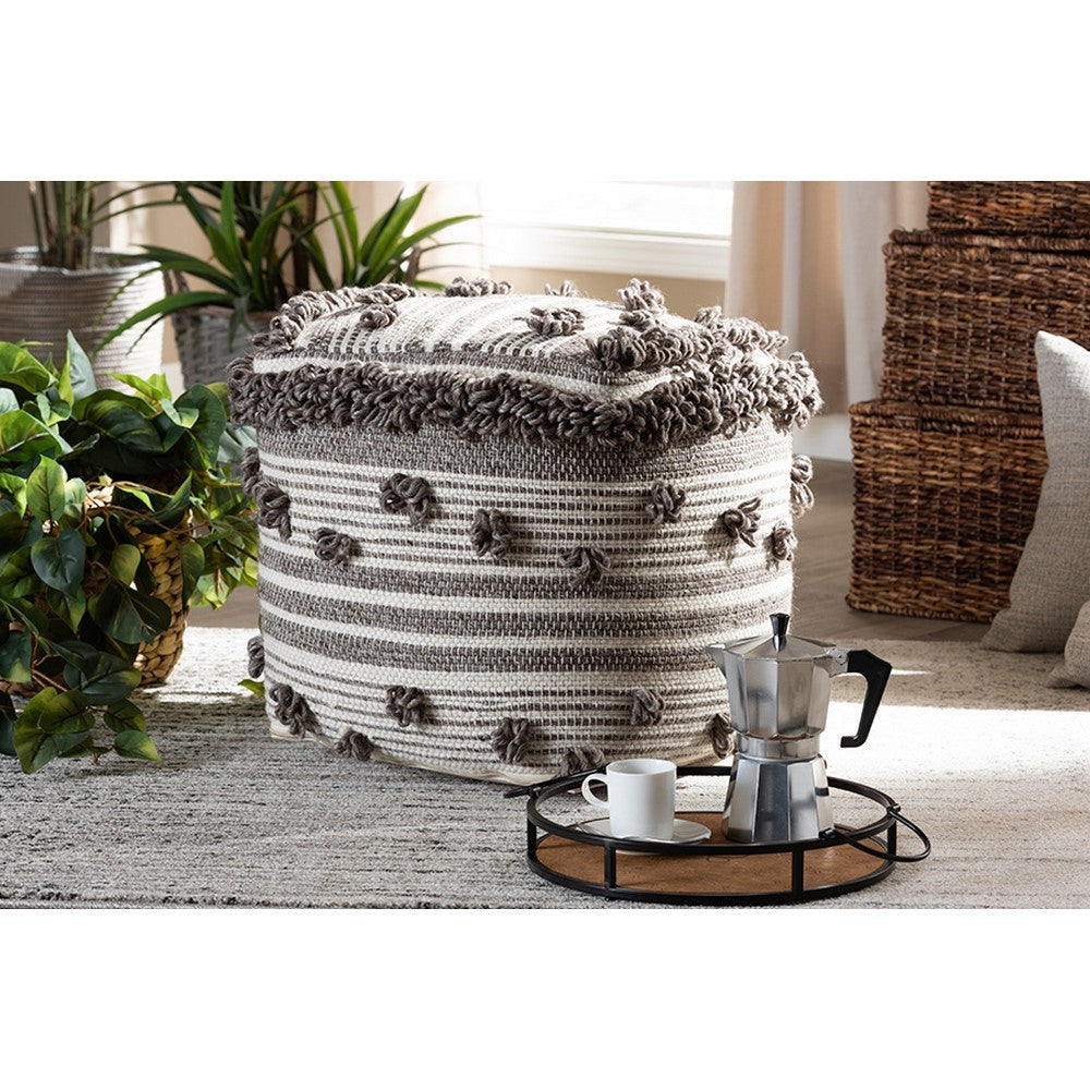 Baxton Studio Eligah Moroccan Inspired Ivory and Brown Handwoven Wool Pouf Ottoman WHI-Eligah-Ivory-Pouf