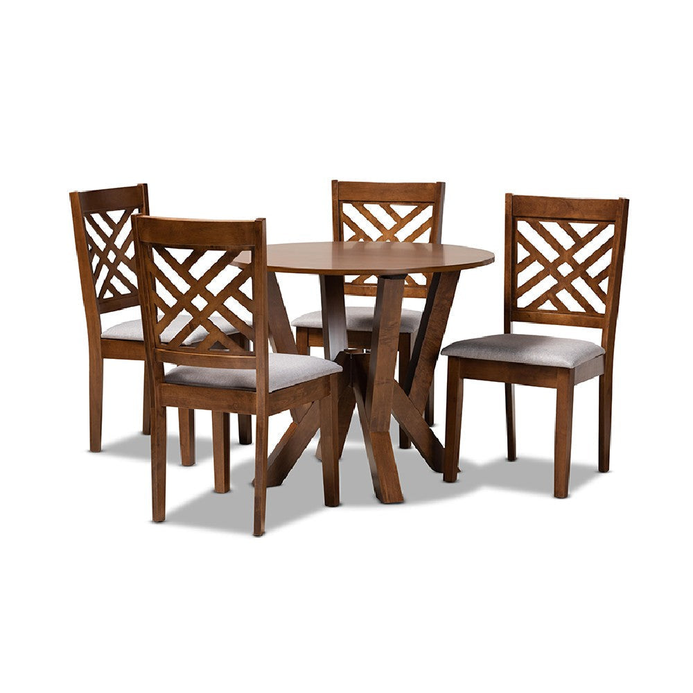 Baxton Studio Elise Modern and Contemporary Grey Fabric Upholstered and Walnut Brown Finished Wood 5-Piece Dining Set