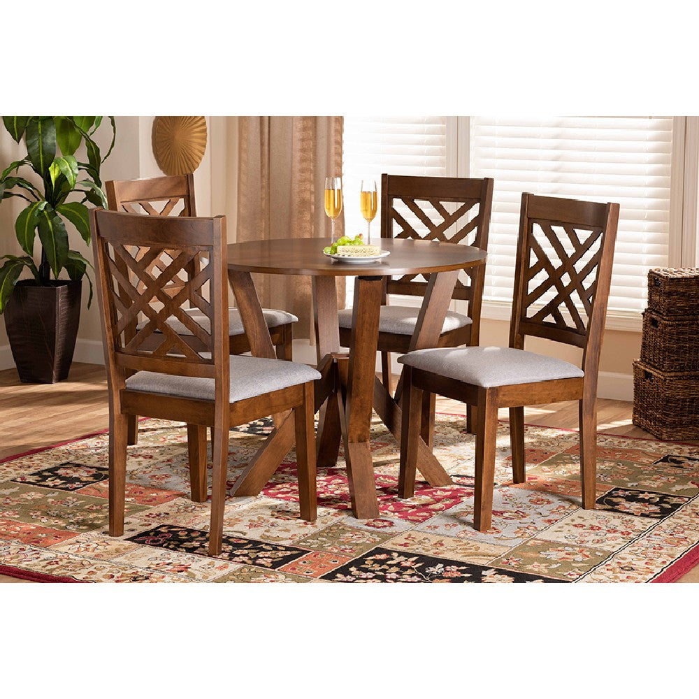 Baxton Studio Elise Modern and Contemporary Grey Fabric Upholstered and Walnut Brown Finished Wood 5-Piece Dining Set