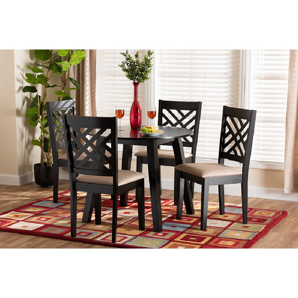 Baxton Studio Ellie Modern Beige Fabric and Dark Brown Finished Wood 5-Piece Dining Set WHI-Ellie-Sand-Dark-Brown-5PC-Dining-Set
