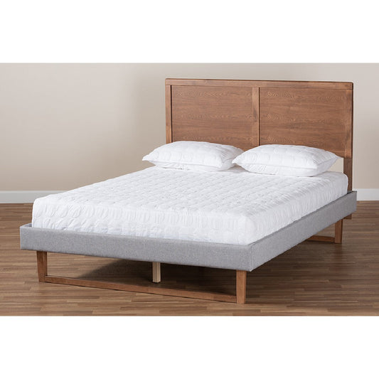 Baxton Studio Eloise Rustic Modern Light Grey Fabric Upholstered and Ash Walnut Brown Finished Wood Queen Size Platform Bed