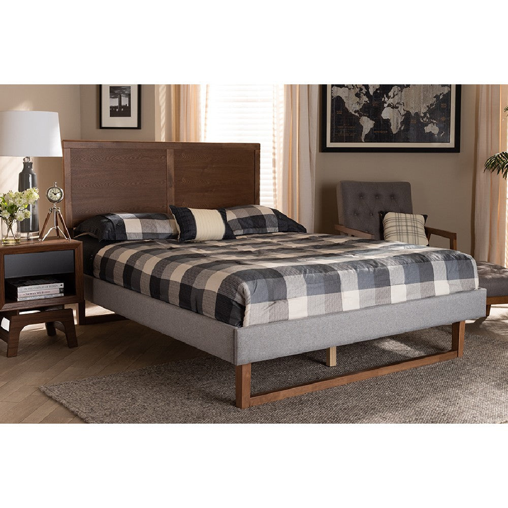 Baxton Studio Eloise Rustic Modern Light Grey Fabric Upholstered and Ash Walnut Brown Finished Wood Queen Size Platform Bed
