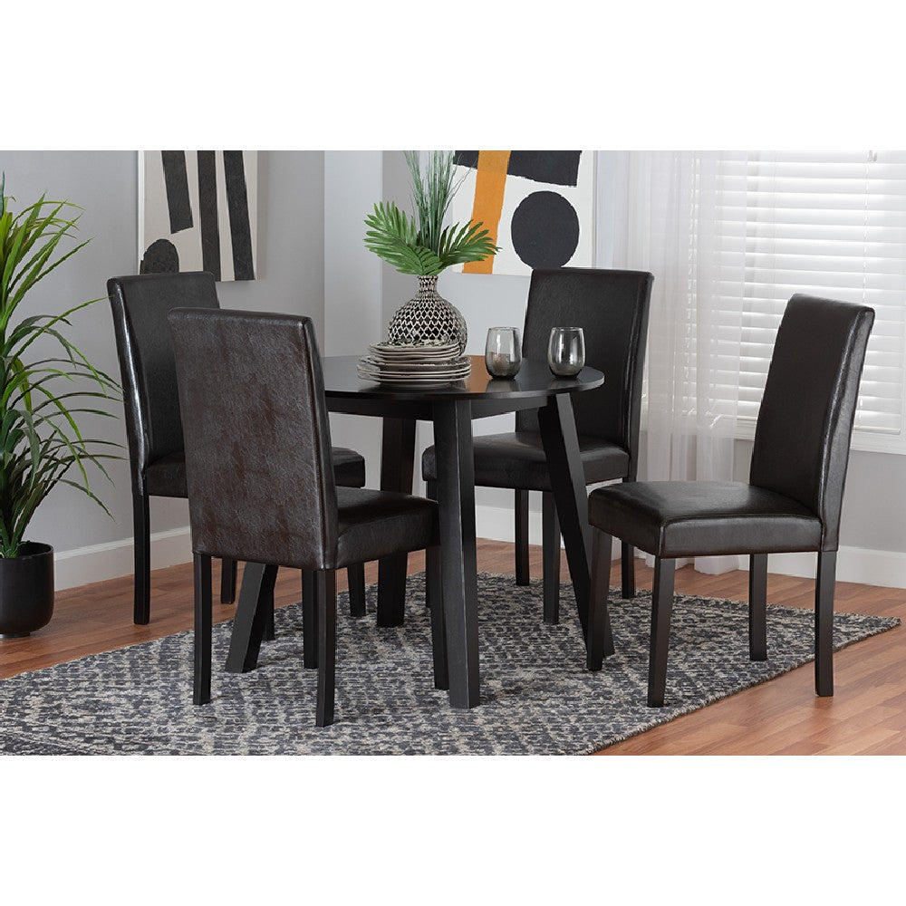 Baxton Studio Emine Modern Dark Brown Faux Leather and Espresso Brown Finished Wood 5-Piece Dining Set WHI-Emine-Dark-Brown-5PC-Dining-Set