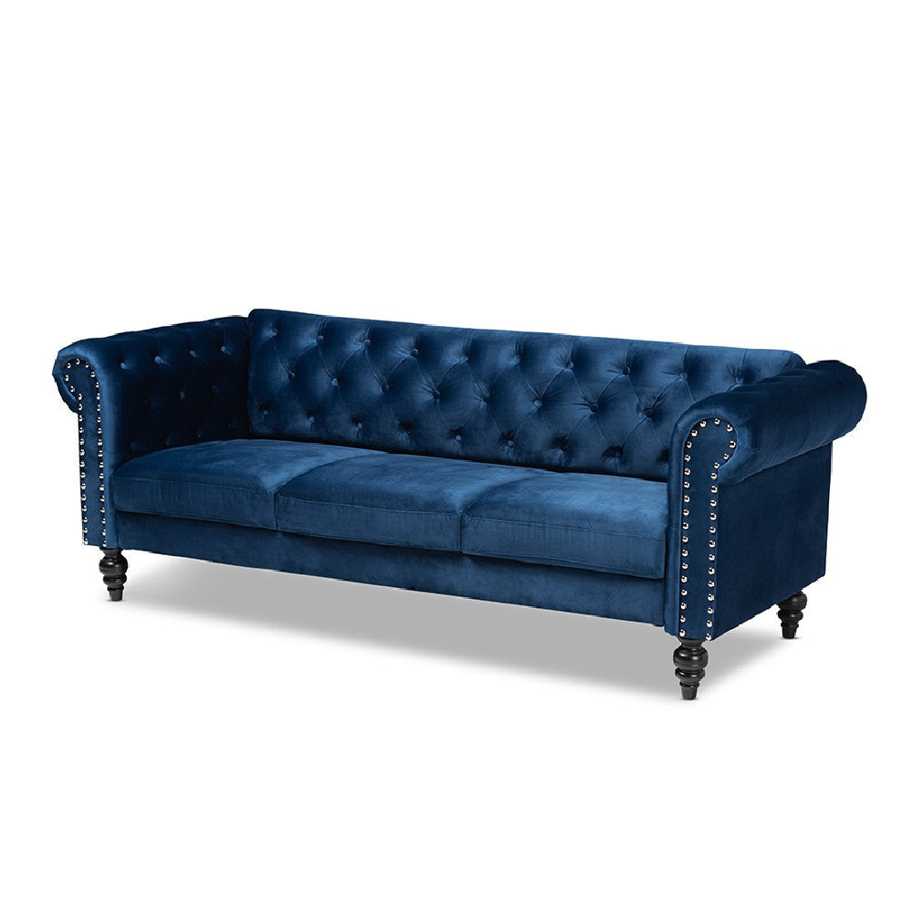 Baxton Studio Emma Traditional and Transitional Navy Blue Velvet Fabric Upholstered and Button Tufted Chesterfield Sofa