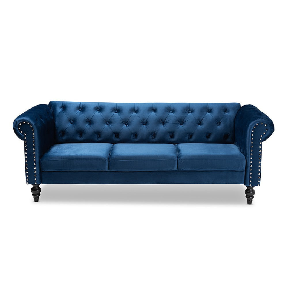 Baxton Studio Emma Traditional and Transitional Navy Blue Velvet Fabric Upholstered and Button Tufted Chesterfield Sofa