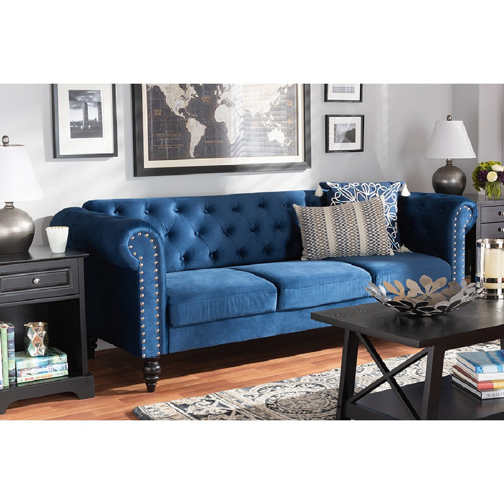 Baxton Studio Emma Traditional and Transitional Navy Blue Velvet Fabric Upholstered and Button Tufted Chesterfield Sofa