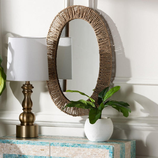 bali & pari Elwyn Modern Bohemian Metal and Natural Brown Seagrass Accent Wall Mirror