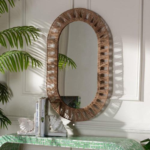 bali & pari Geona Modern Bohemian Metal and Natural Brown Seagrass Accent Wall Mirror