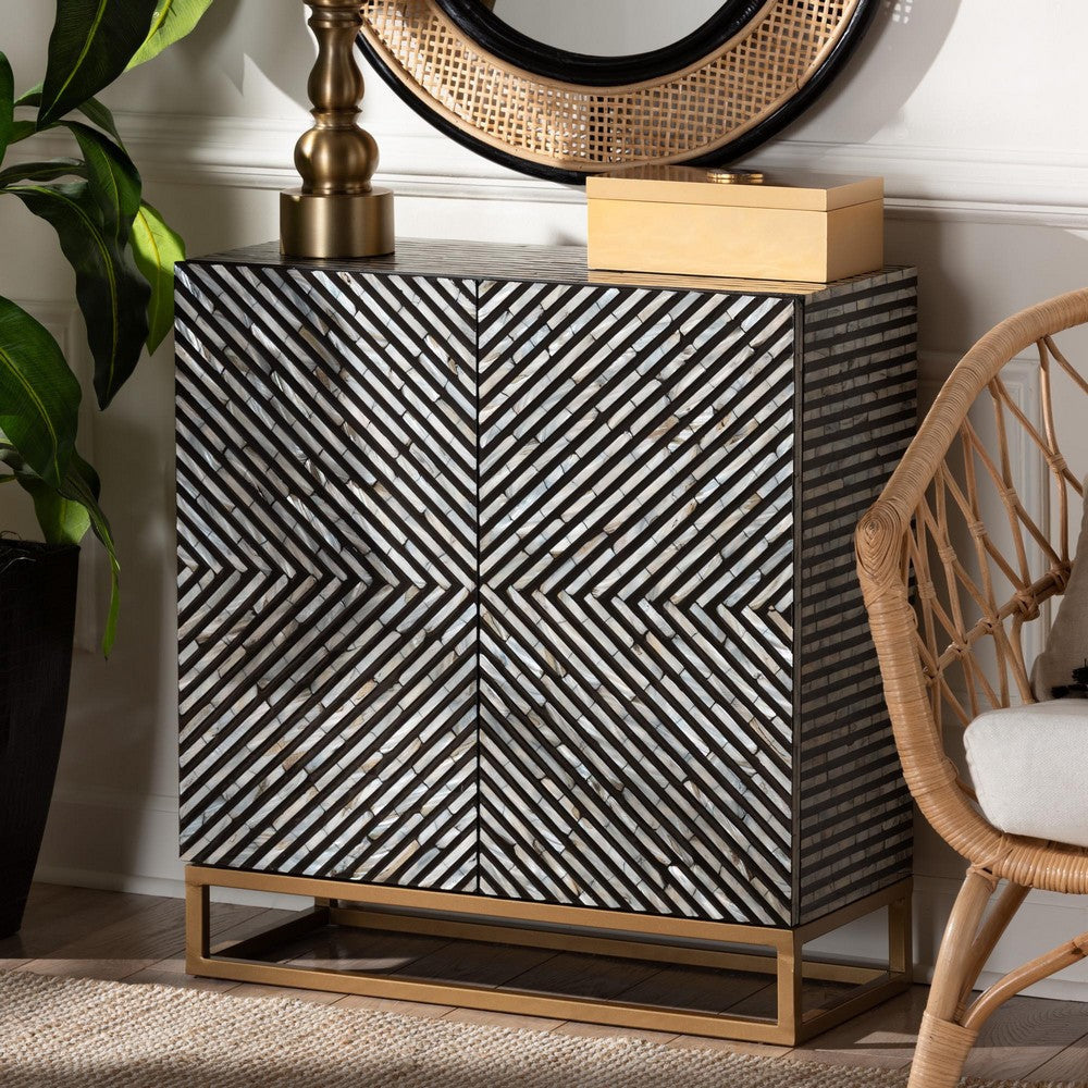 Baxton Studio Belenus Modern Bohemian Two-Tone Black and Grey Mother of Pearl and Gold Metal Storage Cabinet WHI-F232-FT52-Wooden-Cabinet
