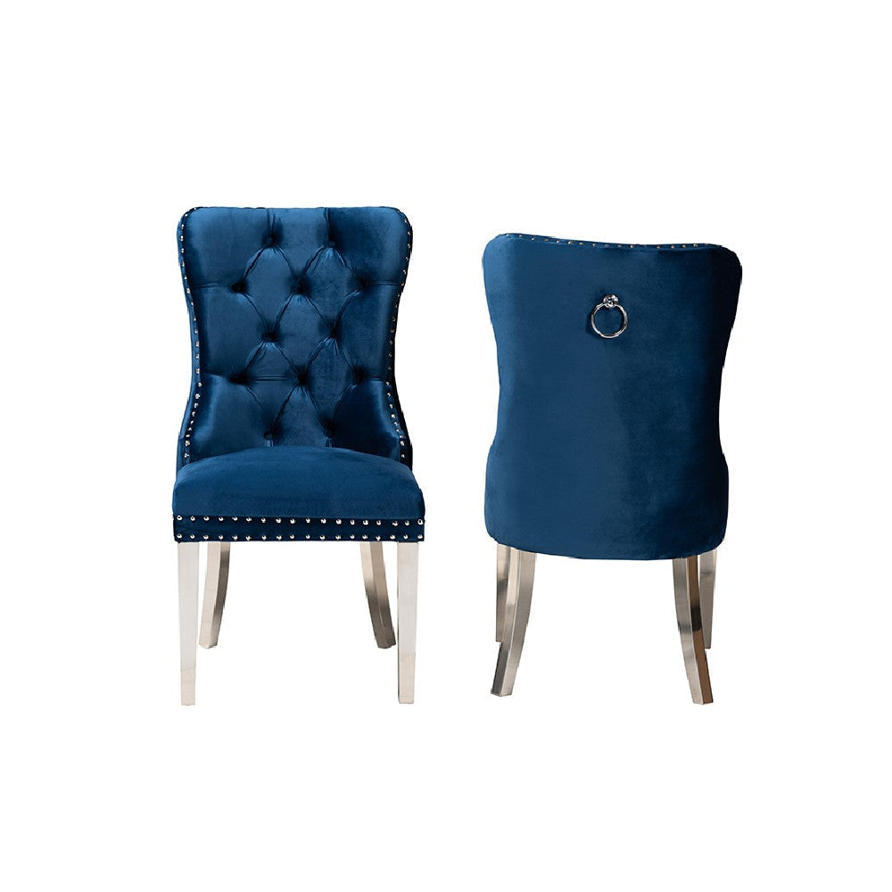 Baxton Studio Honora Contemporary Glam and Luxe Navy Blue Velvet Fabric and Silver Metal 2-Piece Dining Chair Set