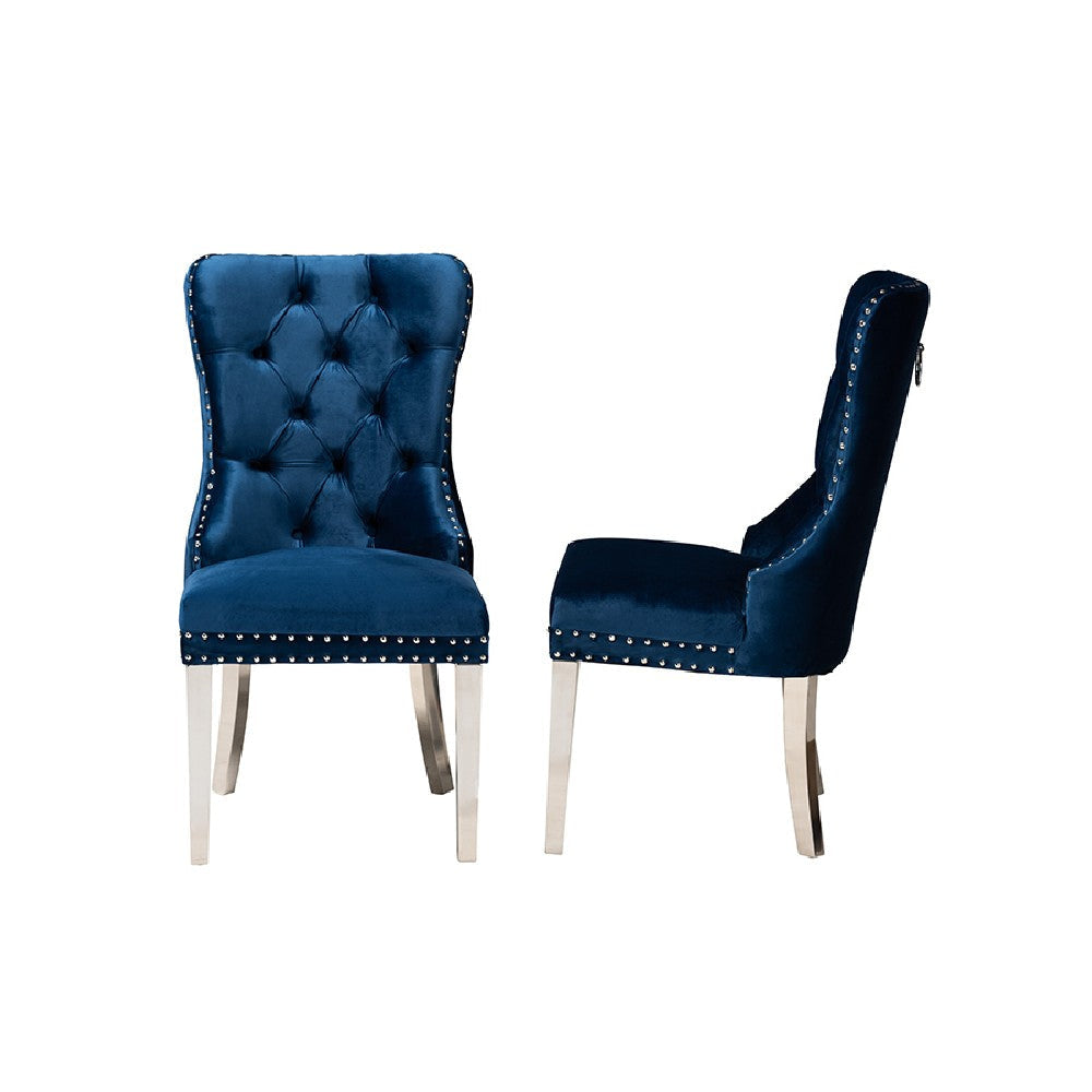 Baxton Studio Honora Contemporary Glam and Luxe Navy Blue Velvet Fabric and Silver Metal 2-Piece Dining Chair Set