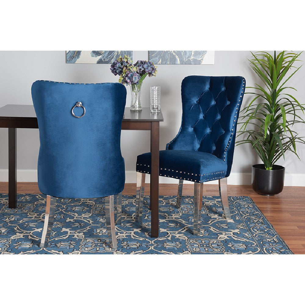 Baxton Studio Honora Contemporary Glam and Luxe Navy Blue Velvet Fabric and Silver Metal 2-Piece Dining Chair Set