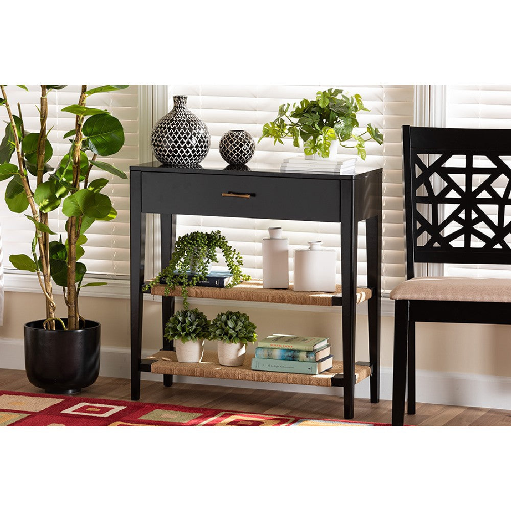 bali & pari Freya Modern Bohemian Black Finished Bayur Wood 1-Drawer Console Table WHI-FIB3-Console