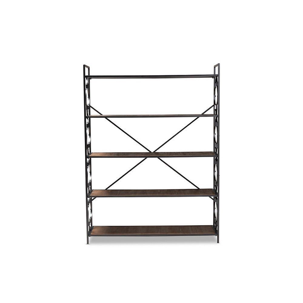 Baxton Studio Mirna Industrial Black Iron Metal and Natural Oak Wood 5-Shelf Quatrefoil Accent Bookcase WHI-FJ2A021-Black-Shelf