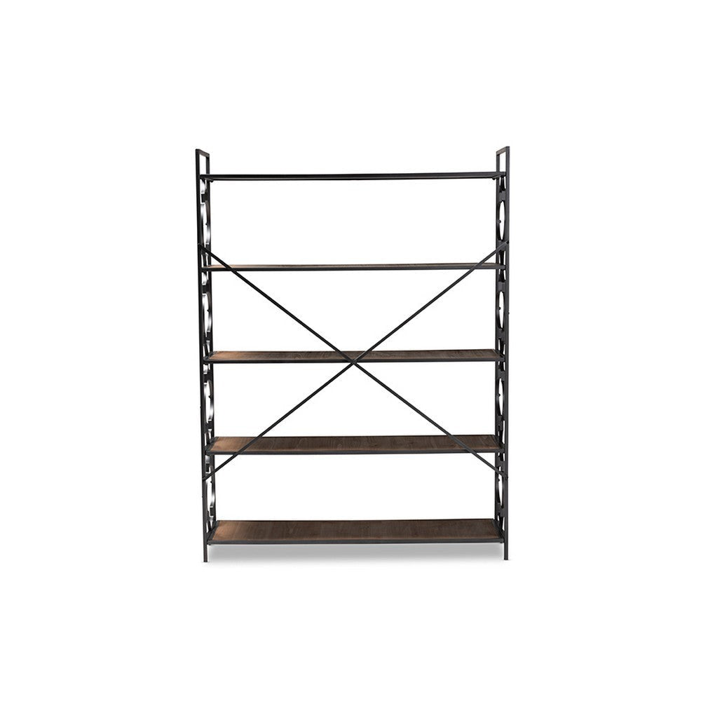 Baxton Studio Mirna Industrial Black Iron Metal and Natural Oak Wood 5-Shelf Quatrefoil Accent Bookcase WHI-FJ2A021-Black-Shelf