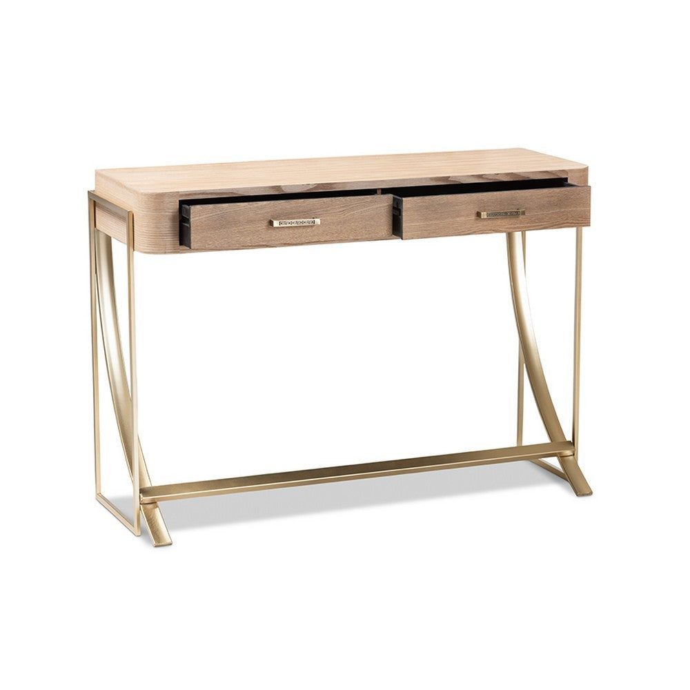 Baxton Studio Lafoy Modern and Contemporary Natural Brown Finished Wood and Gold Finished 2-Drawer Console Table