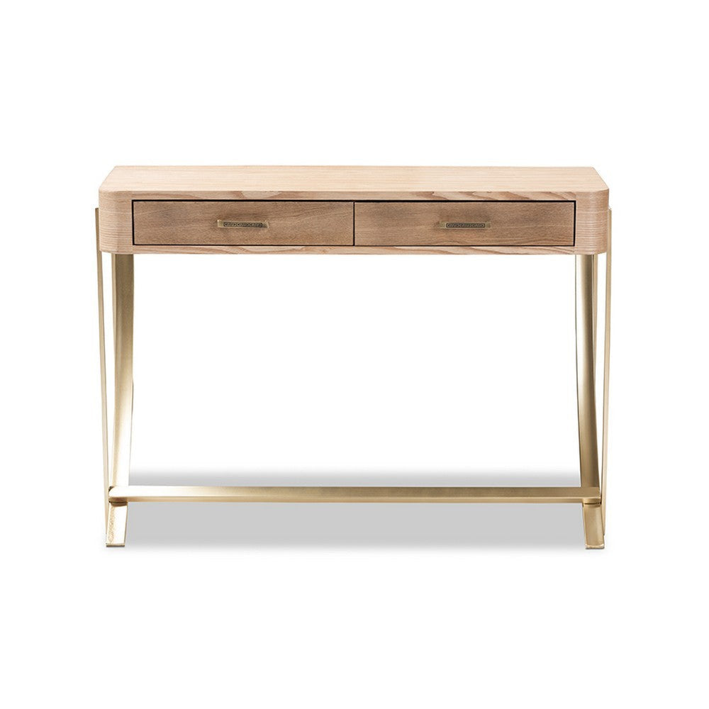 Baxton Studio Lafoy Modern and Contemporary Natural Brown Finished Wood and Gold Finished 2-Drawer Console Table