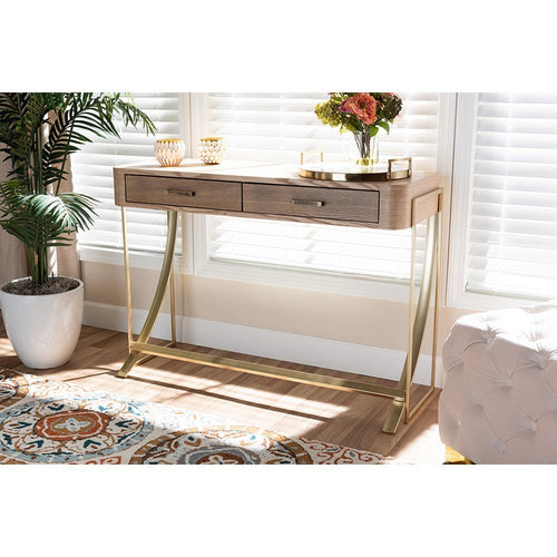 Baxton Studio Lafoy Modern and Contemporary Natural Brown Finished Wood and Gold Finished 2-Drawer Console Table