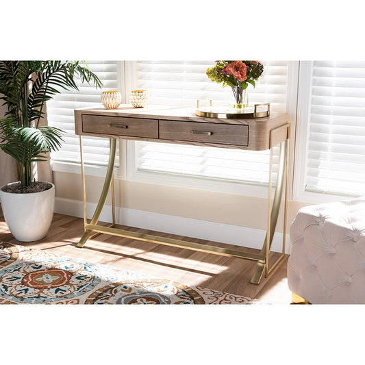 Baxton Studio Lafoy Modern and Contemporary Natural Brown Finished Wood and Gold Finished 2-Drawer Console Table