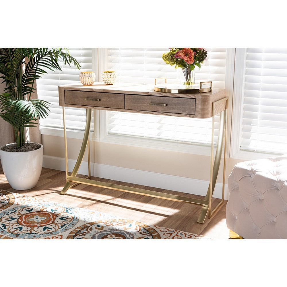 Baxton Studio Lafoy Modern and Contemporary Natural Brown Finished Wood and Gold Finished 2-Drawer Console Table
